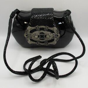 Timmy Woods black laquered purse with leather flap and decorative silver clasp